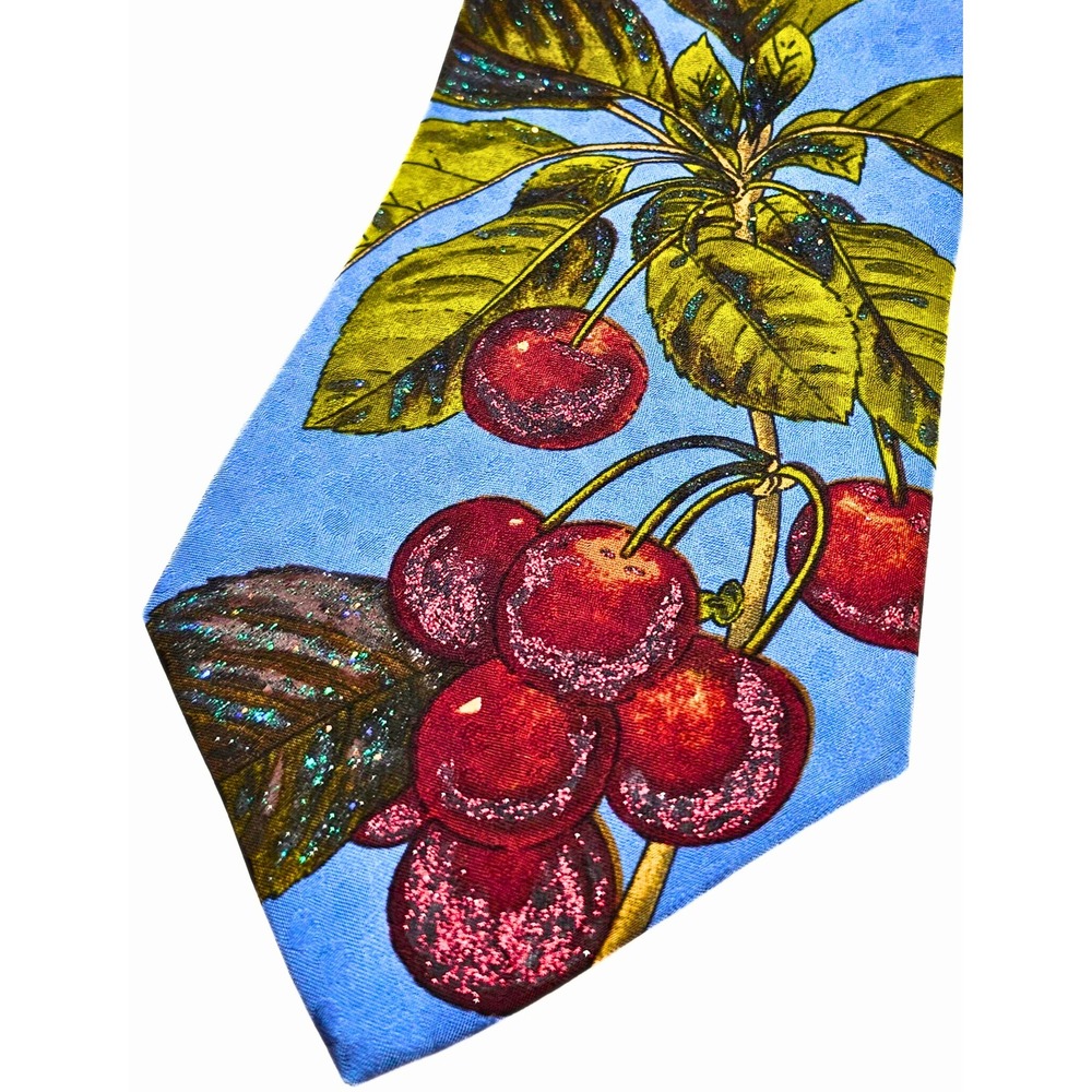 Vintage Rare Yves Saint Laurent Silk Tie – Blue Cherry Print w/ Sparkle Accents